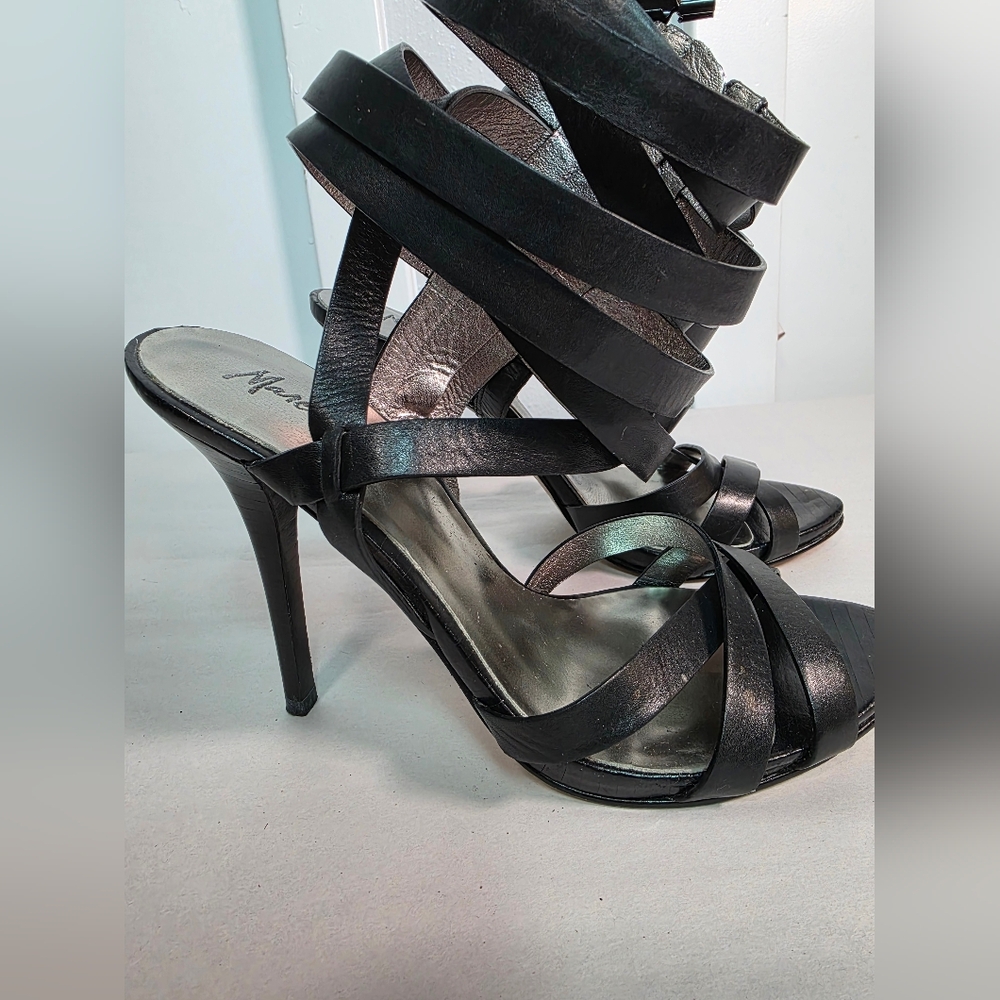 Marciano Black Leather Strappy Gladiator Stiletto Heels Women's Size 7M